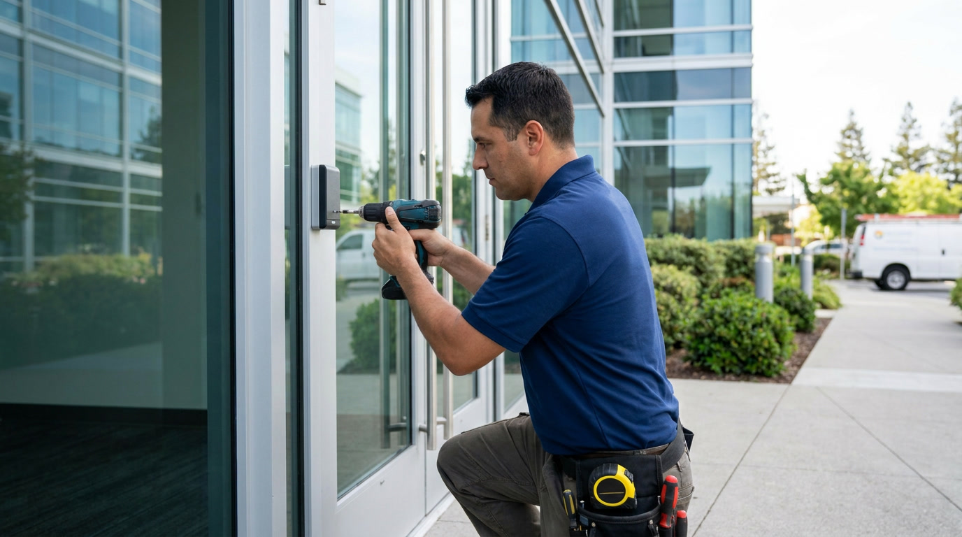 Commercial locksmith working on a business door lock cylinder in San Jose