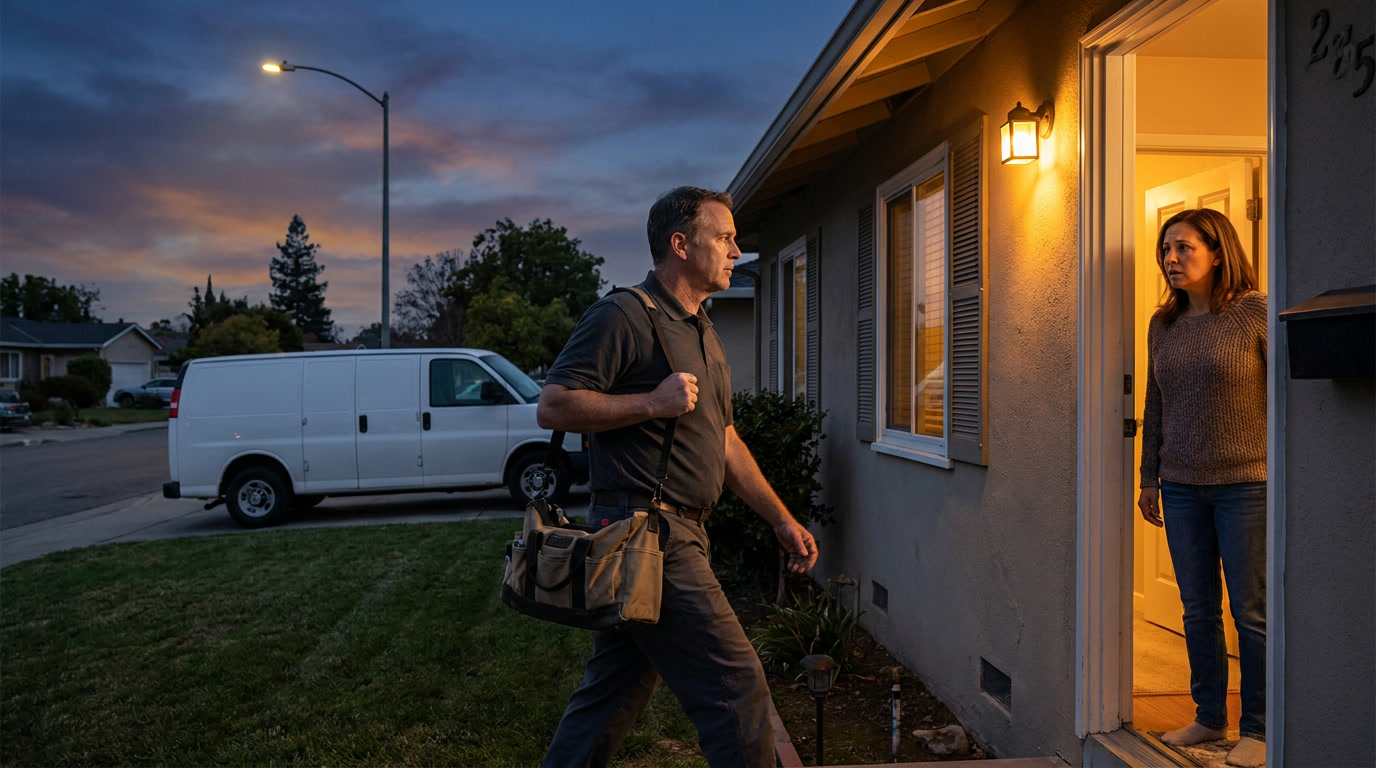 Locksmith Emergency technician at a San Jose residential front door at night